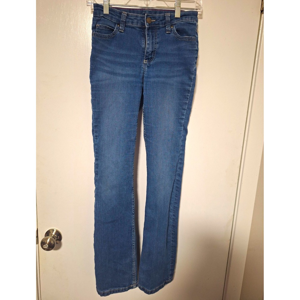 Wrangler Girls Size 14 Slim Blue Denim Jeans Stretch Bootcut Boot Jean Snap Zip